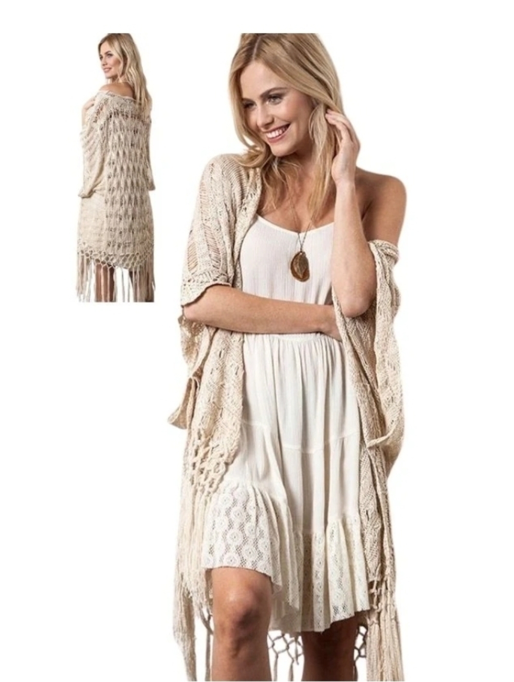 Kori Crochet Fringr Kimono in Natural | Size M/L